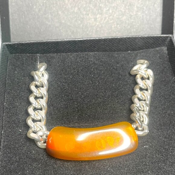 GIVENCHY VINTAGE SILVER TONE NECKLACE CHAIN FAUX AMBER 5/16 " X 16" - Picture 8 of 10